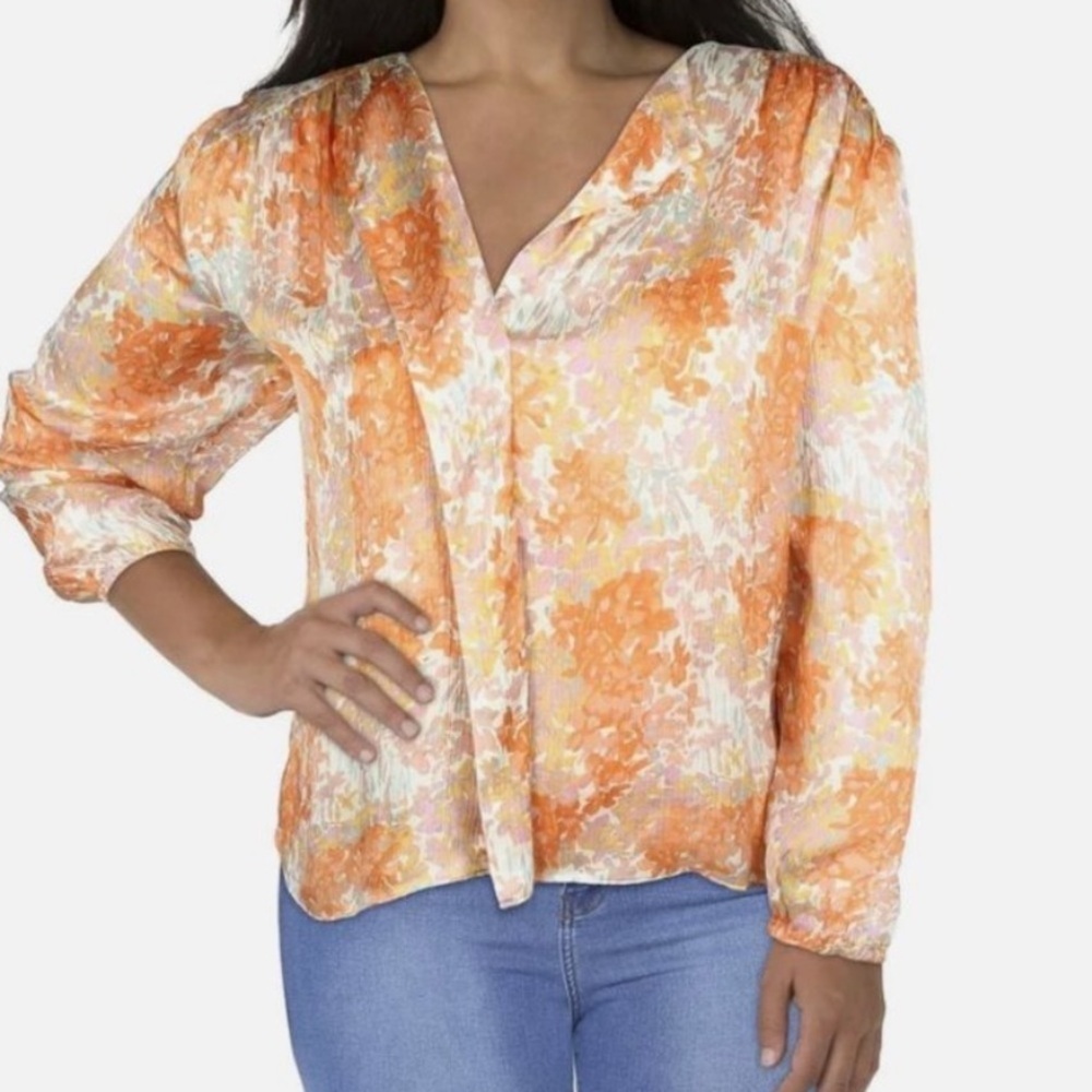 Vince Garden Long Sleeve Shirred 100% Silk Blouse in Dusk